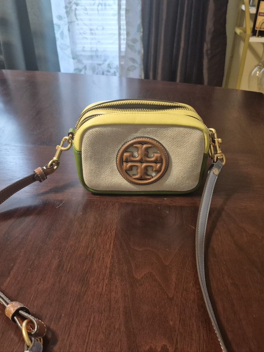 Tory Burch Yellow, Green & White Canvas Crossbody purse